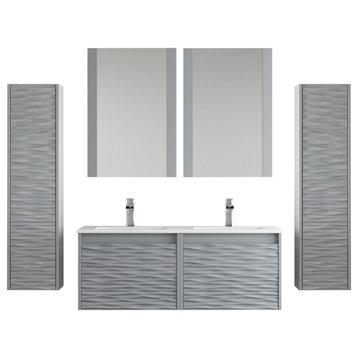 Floating Bathroom Vanity Set, Metal Grey, 48" With Sink, Mirror & Side Cabinets