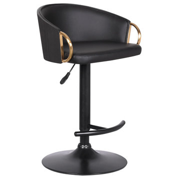 Benzara BM214650 Adjustable Leatherette Swivel Barstool, Arched Seat, Black/Gold