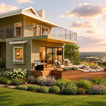 Daytime exterior of contemporary hillside home with deck, fire pit and lush land