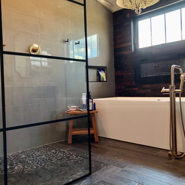 Wood Grain Tile and Smooth Rock Shower Pan