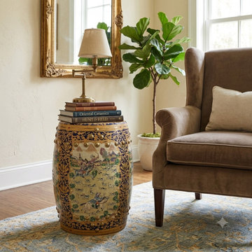 Vintage Oriental Chinoiserie Western Graphic Porcelain Stool Table Ottoman GB163