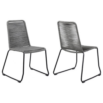 Shasta Outdoor Metal and Black Rope Stackable Dining Chair - Set of 2, Gray Rope