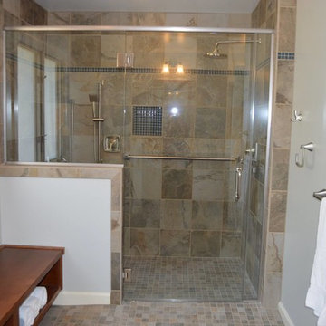 Bath Remodel with Cabinets in Maple Briarwood Stain and Silestone Lagoon Tops