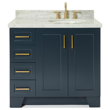 Ariel Taylor 37" Right Oval Sink Bath Vanity, Midnight Blue, 1.5" Carrara Marble