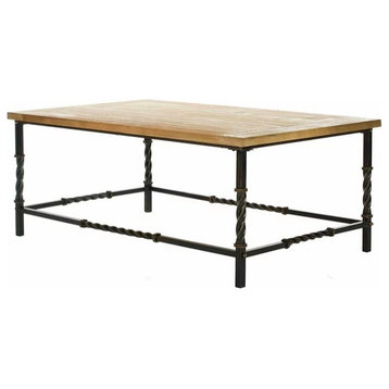 Contemporary Coffee Table, Metal Frame With Twisted Accents, Natural Wooden Top