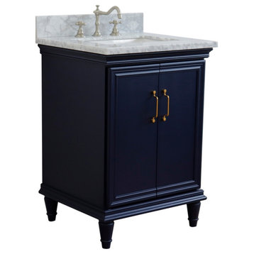 25" Single Vanity, Blue Finish With White Carrara And Rectangle Sink
