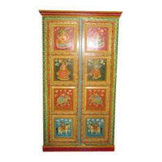 Mogul Interior - Consigned Antique Painting Ganesha Armoire Indian Hand Crafted Indian Cabinet - Bedroom Furniture