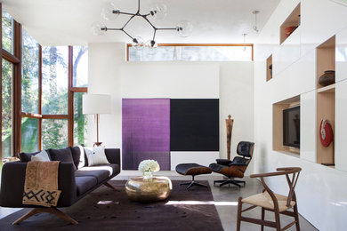 Living room - contemporary concrete floor living room idea in Denver with white walls and a media wall