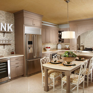 Design ideas for a mid-sized tropical l-shaped separate kitchen in Miami with an undermount sink, shaker cabinets, grey cabinets, concrete benchtops, blue splashback, mosaic tile splashback, stainless steel appliances, marble floors, with island and beige floor.