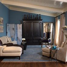 Living Room with Blue Walls /Dark Hardwood