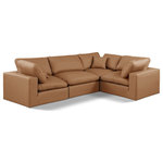 Meridian Furniture - Comfy Upholstered L-Shaped Modular Sectional, Cognac, 4-Piece: 1 Armless Chair, 3 Corner Chair, Vegan Leather - Give your space a whole new look with this cognac Comfy vegan leather sectional. This handsome sectional fits nicely with other items in the Comfy collection and is a versatile seating option designed for adaptability, comfort and style. Wrapped in rich cognac durable vegan leathered upholstery, this sectional offers a plush embrace of overstuffed down feather cushions, carefully crafted to deliver the highest level of comfort. The perfect seat for creating an oasis for relaxation, this sectional has thick foam surrounding its frame for added support and coziness.