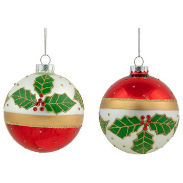 Set of 2 Holly and Berries Glittered Christmas Glass Ball Ornaments 4"