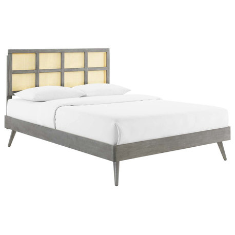 Cane Bed, Woven Rattan Bed, Art Moderne Shoji Platform Bed, Grey, Full