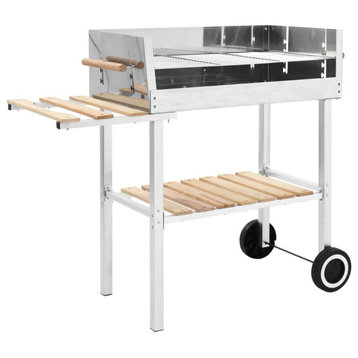 vidaXL XXL Trolley Charcoal BBQ Grill Stainless Steel with 2 Shelves Charcoal