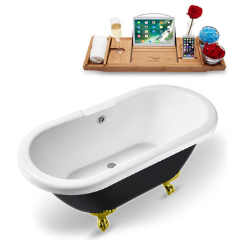 59" Black Clawfoot Tub and Tray, Gold Feet, Chrome External Drain