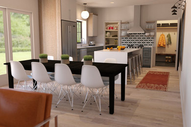 Inspiration for a mid-sized mid-century modern light wood floor and beige floor great room remodel in Salt Lake City with white walls