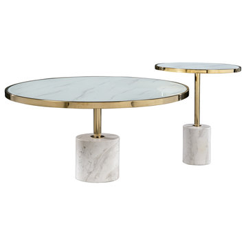 Kaia Marble Base 2-Piece Coffee Table Set, White and Gold