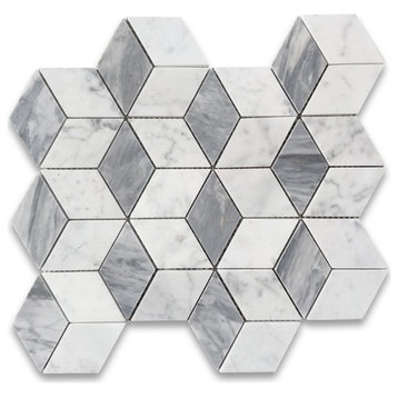 Carrara White Gray Marble Illusion Cube Diamond Geometry Tile Polished, 1 sheet
