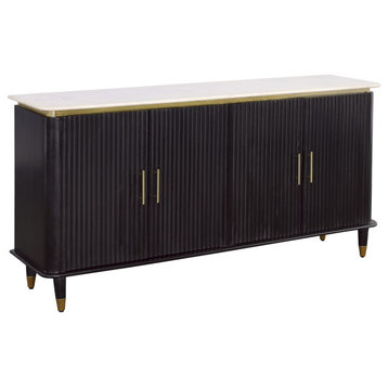 Davina Transitional Black and Gold Four Door Credenza With Marble Top