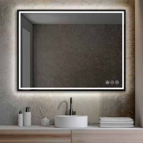 Fogless, Dimmable, Color Temperature Adjustable LED Mirror, Matte Black, 48x36