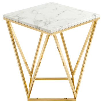 Sofa Side Table, Square, Artificial Marble, Metal, Gold White, Modern, Lounge