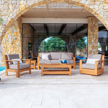Logan 5 Piece Teak Wood Patio Conversation Set with Sunbrella Cast Shale Cushion