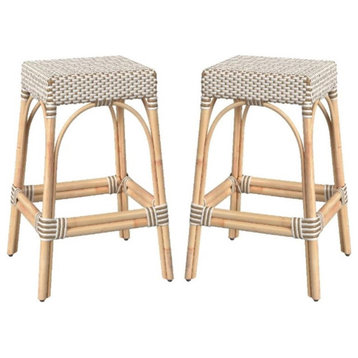 Home Square Rattan Woven Barstool in Beige and White - Set of 2