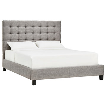 Andrian Button Tufted Linen Upholstered Panel Bed, Grey, Queen
