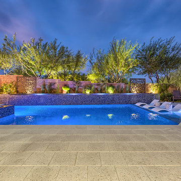 Contemporary Backyard Pool with Tiled Water Feature, Rim Flow Spa, & Fire Pit