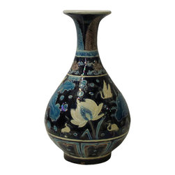 Handmade Ceramic Navy Blue White Dimensional Flower Motif Vase - Vases