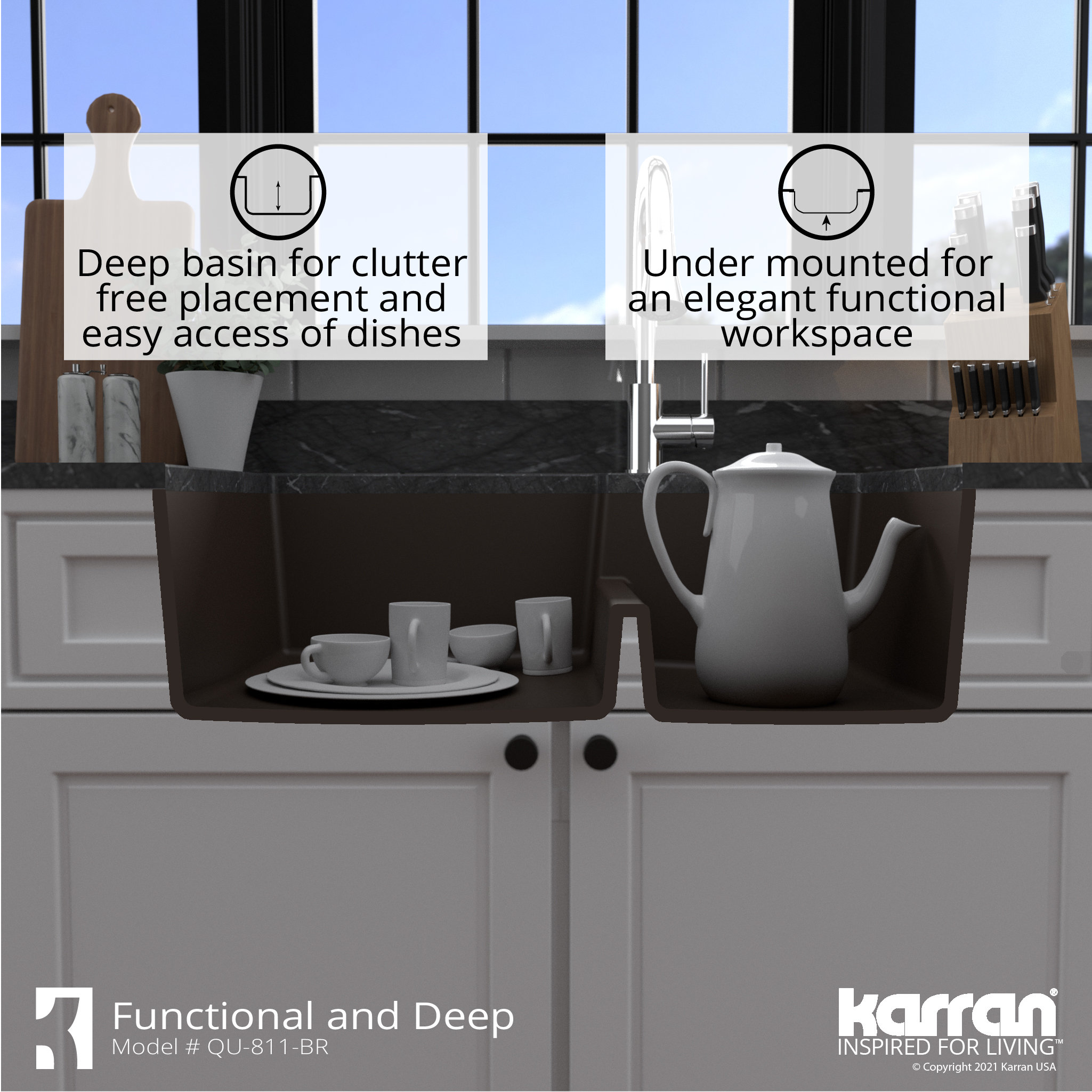Karran 32" Undermount Large/Small Bowl Quartz Kitchen Sink, Brown