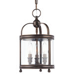 Hudson Valley Lighting - Larchmont, 9" Pendant, Historic Nickel Finish, Clear Glass Shade - A carousel of candelabra light shines within the smooth metalwork of the Larchmont lantern. We've freshened the fixture's classic cupola inspiration with tastefully understated styling. Cast metal rings, enhanced with eye-catching beaded details, create the barrel framework for Larchmont's four shining panes of clear, curved glass.