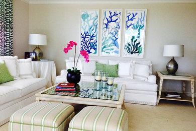 Inspiration for a mid-sized tropical formal and enclosed carpeted and beige floor living room remodel in Miami with beige walls, no fireplace and no tv