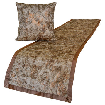 Designer Copper Jacquard Queen 74"x18" Bed Runner, Beaded and Foil Aranka