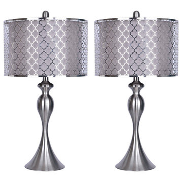 27" Brushed Nickel Table Lamp With Quatrefoil Brushed Nickel Shades, Set of 2