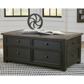 Farmhouse Coffee Table, Drawers With Raised Edges and Lift Up Top, Brown/Black