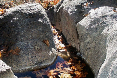 Inspiration for a rustic backyard water fountain landscape.