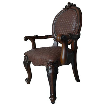 Elegant Dining Chair, Unique Scrolled Details, Stitched PU Leather Seat, Cherry