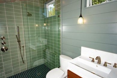 Inspiration for a mid-sized contemporary master bathroom remodel in San Francisco with open cabinets, brown cabinets, quartz countertops and white countertops