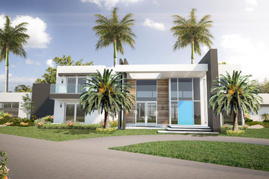 Large minimalist white two-story stucco exterior home photo in Miami with a mixed material roof