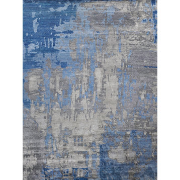 Bamboo Silk Hand-Knotted Bamboo Silk and Cotton Blue/Gray Area Rug, 10'x14'