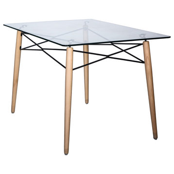 LeisureMod Dover 4' Square Top Dinin Table, Natural Wood Eiffel Base, Clear Glas