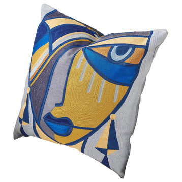MidCentury Modern Abstract Face Throw Pillow, Picasso Cubist Blue Yellow Female
