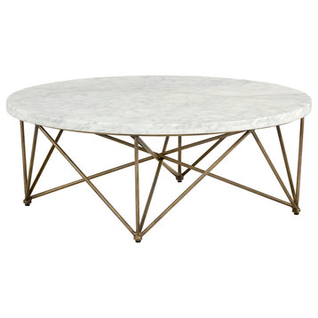 Skyy Coffee Table, Round, Antique Brass, White Marble