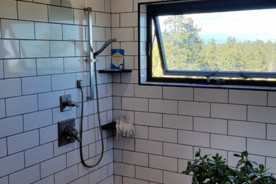 Diseño de cuarto de baño principal minimalista de tamaño medio con ducha abierta, baldosas y/o azulejos blancas y negros, baldosas y/o azulejos de cerámica, ducha abierta y hornacina