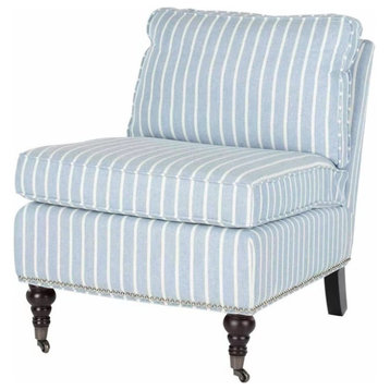 Upholstered Slipper Chair with Casters and Padded Seat with Nailhead Detail, Blue/White