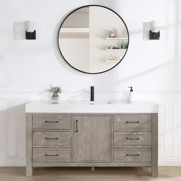 Leon Bath Vanity with Composite Stone Top, Grey, 60" Single Sink, No Mirror