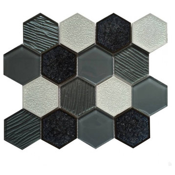 Palladian Grey Glass & Porcelain Mix 3X3 Hexagon Mosaic, 15 Sheets