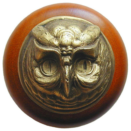 Wise Owl Cherry Wood Knob, Antique-Style Brass