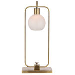 Harp and Finial - Crosby Table Lamp Brass Antique Brass Finish on Metal Body Opal Glass Shade - Give modern interiors a warm, industrial look with the antique brass finish and uniquely shaped frame of the Crosby Table Lamp. Suspended within the soft-cornered rectangular frame is a spherical opal glass shade. The glass sheds light all around, as well as enhances the metal frame's golden gleam.
